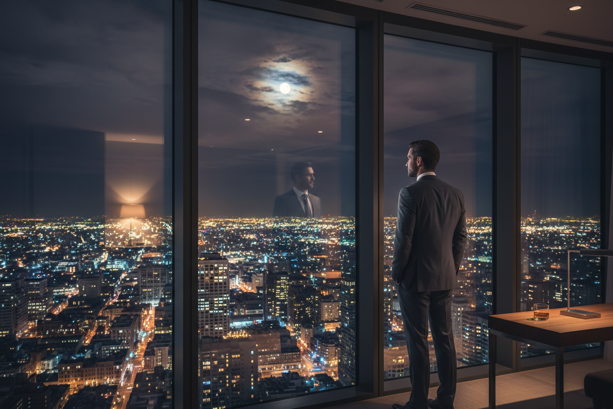 Businessman Looking Over City at Night